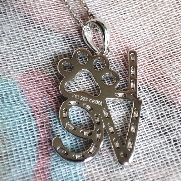 Sterling Silver 925 Pave Cubic Zirconia Clear Pet Paw LOVE Pendant Necklace NWOT - Picture 4 of 7